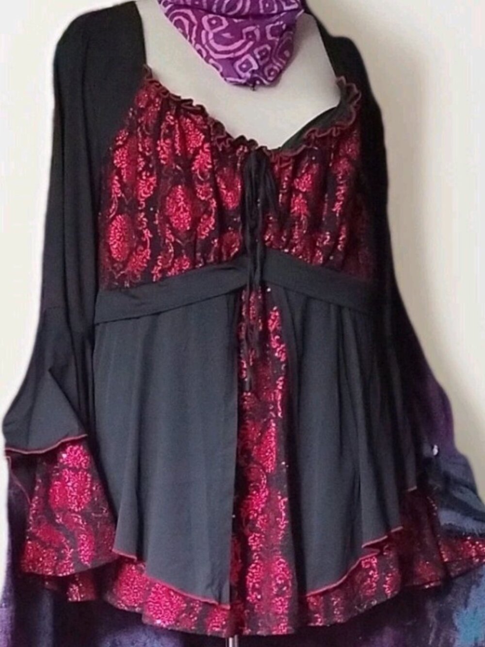 Boutique Gothic Plus Size 3xl Top Black/Red Floral Bell Sleeve Blouse Tunic